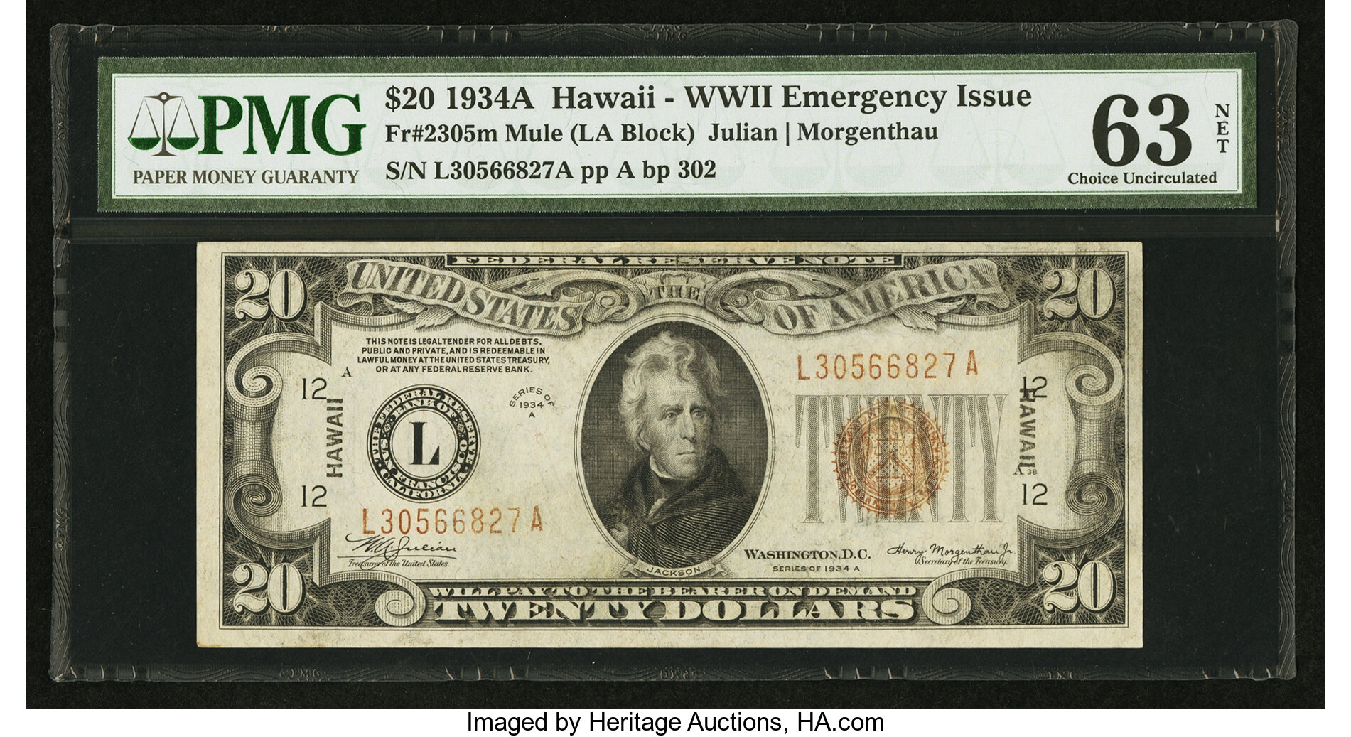 image for: Fr. 2305 $20 1934A Mule Hawaii Federal Reserve Note. PMG Choice Uncirculated 63 Net....
