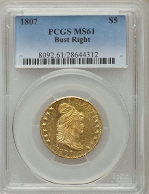 image for: 1807 $5 Bust Right MS61 PCGS. Large Date, BD-6, High R.4....
