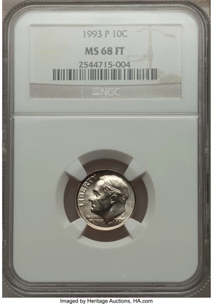 image for: 1993-P 10C MS68 Full Bands NGC. NGC Census: (4/0). PCGS Population (0/0). Mintage: 766,179,968.From The Paul Kiraly #1 ...