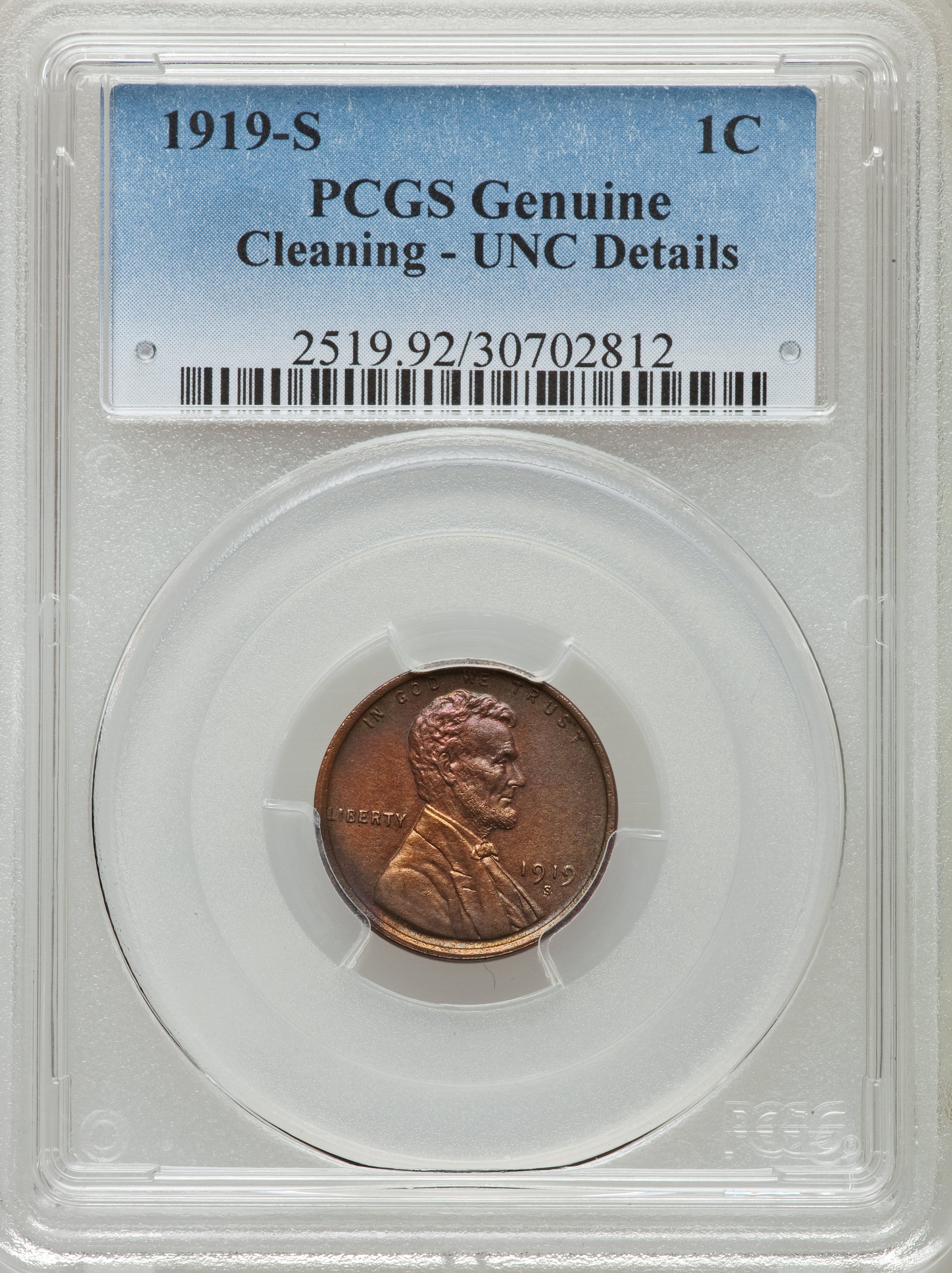 1919-S 1C -- Cleaning -- PCGS Genuine. Unc Details. NGC Census: (1/261). PCGS Population (3/312). Mintage: 139,760,000. Num...