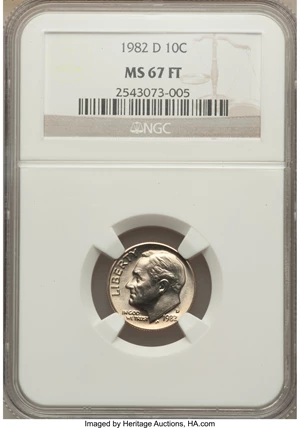 image for: 1982-D 10C MS67 Full Bands NGC. NGC Census: (0/0). PCGS Population (10/0). Mintage: 542,713,600. Numismedia Wsl. Price for ...