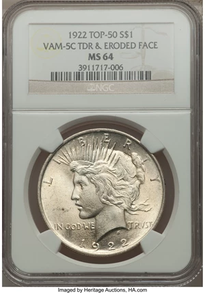 image for: 1922 $1 Tripled Leaves, Eroded Face, VAM-5C MS64 NGC. TOP-50. NGC Census: (0/0). PCGS Population (9/1)....
