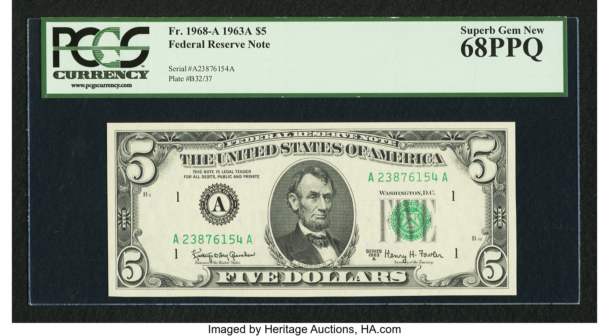 image for: Tied for Top Pop Fr. 1968-A $5 1963A Federal Reserve Note. PCGS Superb Gem New 68PPQ....