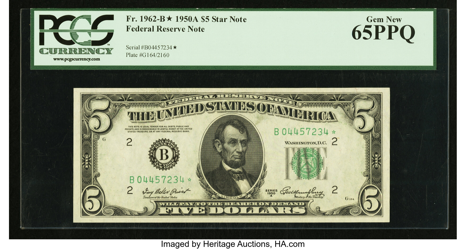 image for: Fr. 1962-B* $5 1950A Federal Reserve Note. PCGS Gem New 65PPQ....