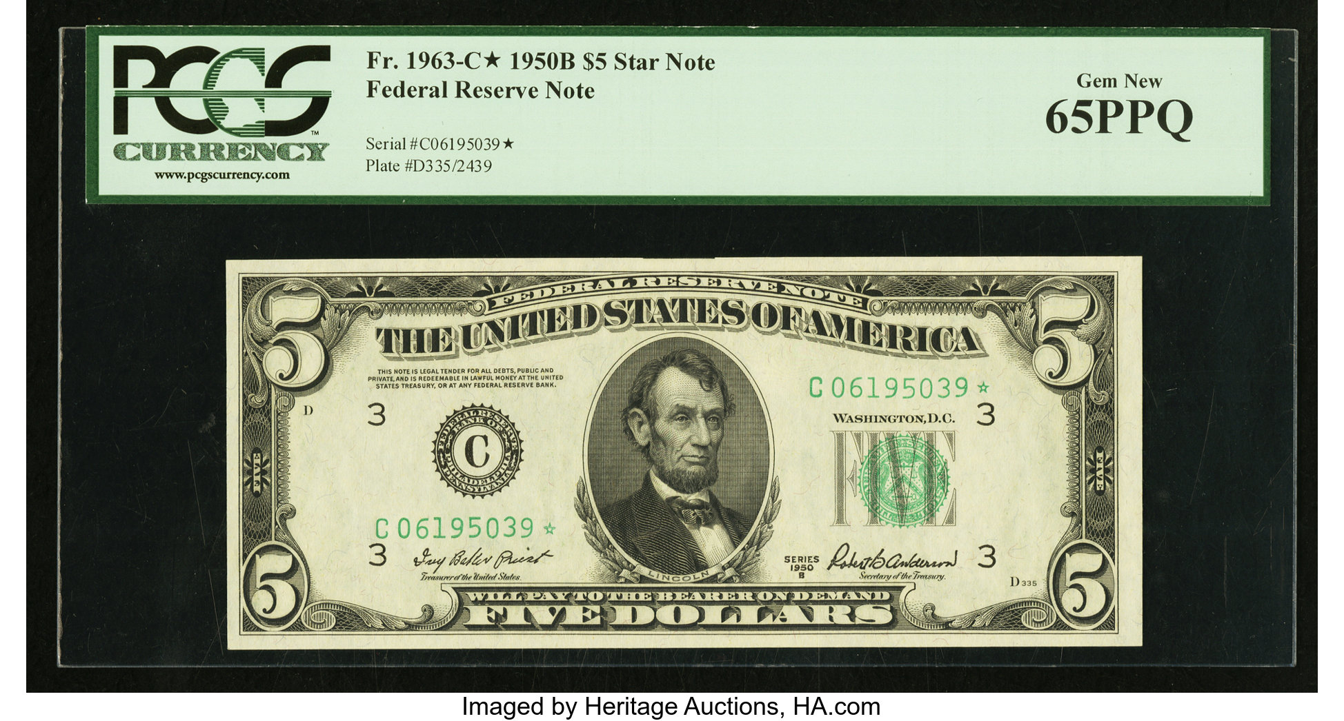 image for: Fr. 1963-C* $5 1950B Federal Reserve Note. PCGS Gem New 65PPQ....