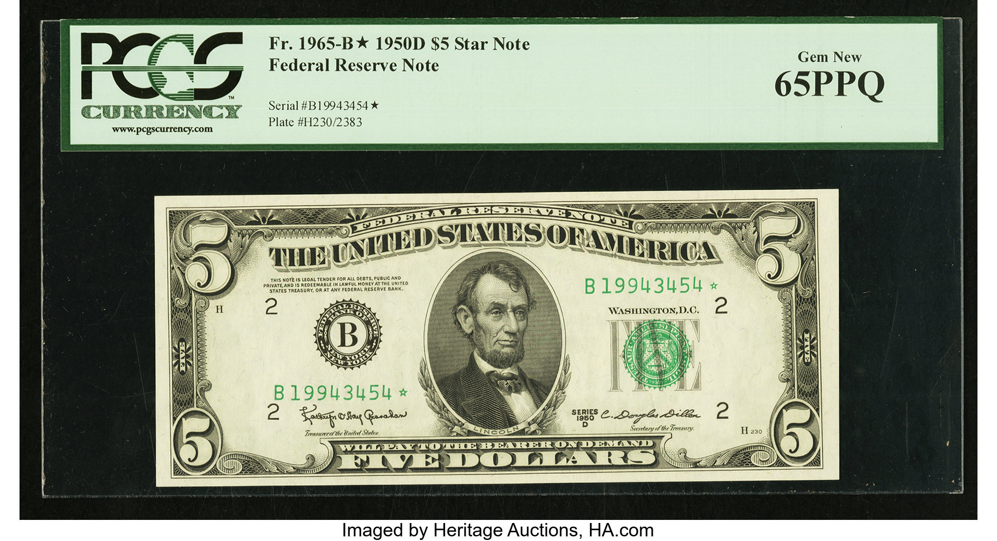image for: Fr. 1965-B* $5 1950D Federal Reserve Note. PCGS Gem New 65PPQ....