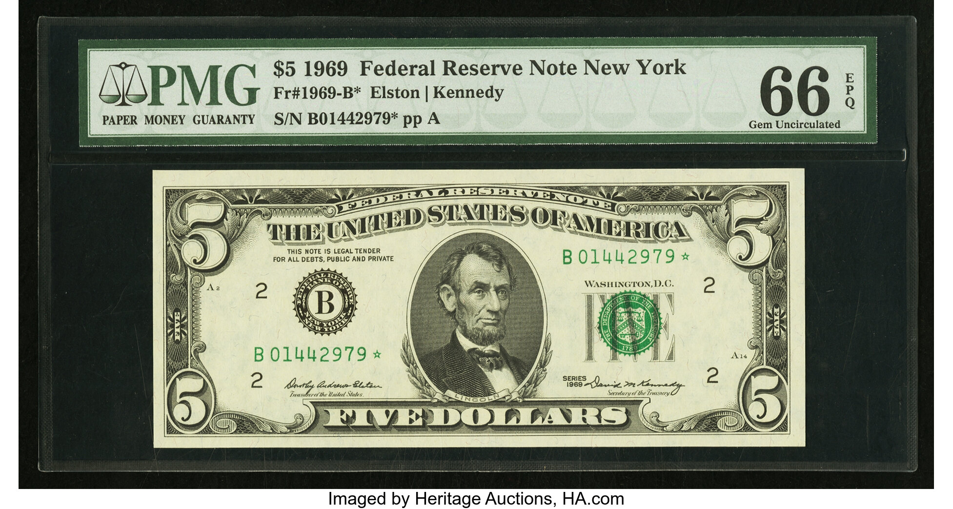 image for: Fr. 1969-B* $5 1969 Federal Reserve Note. PMG Gem Uncirculated 66 EPQ....