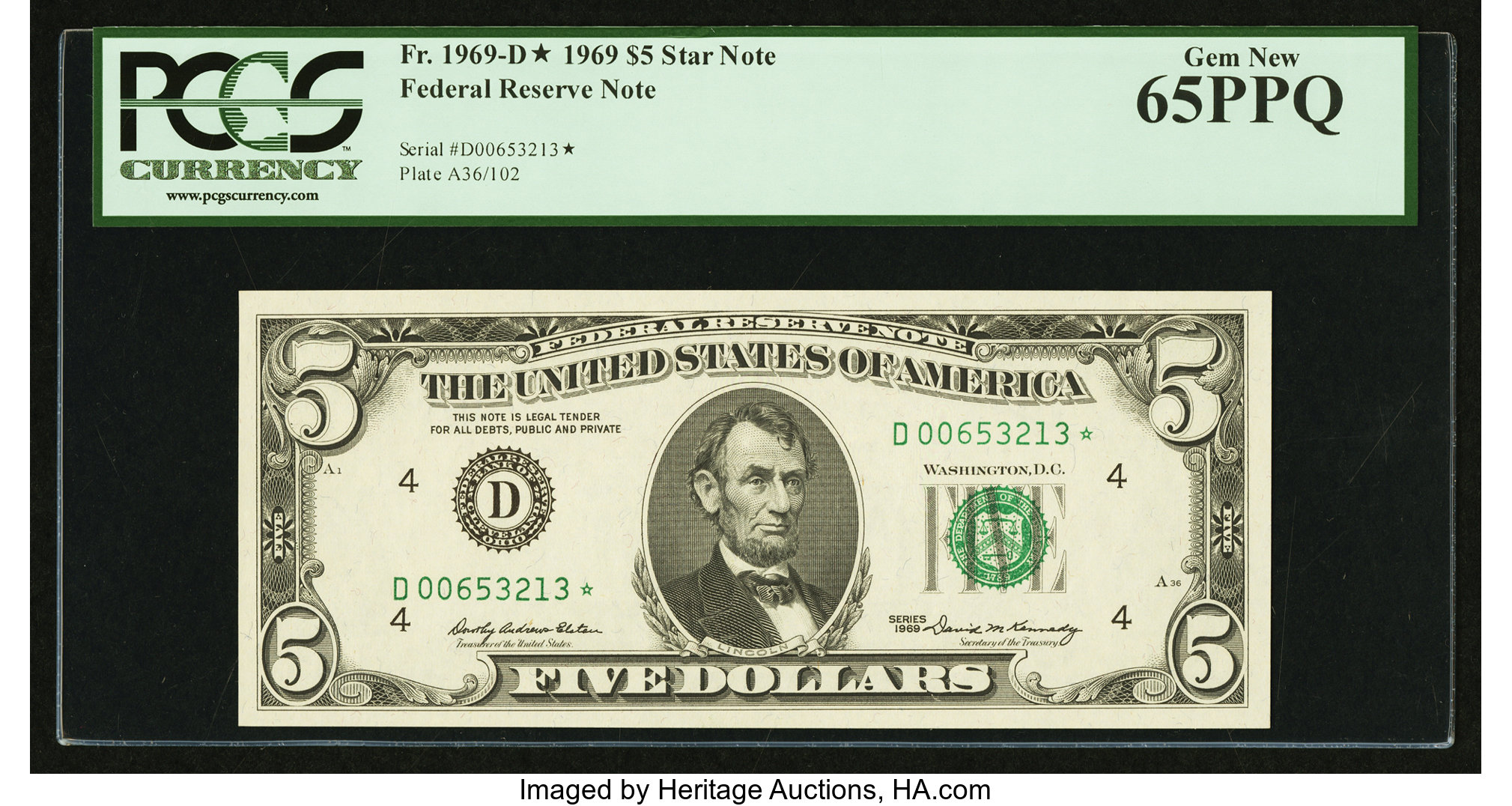 image for: Fr. 1969-D* $5 1969 Federal Reserve Note. PCGS Gem New 65PPQ....
