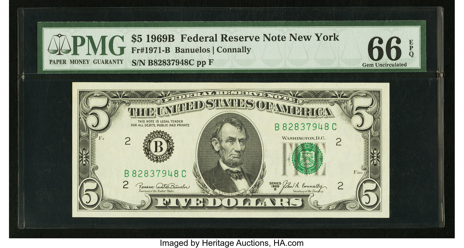 image for: Fr. 1971-B $5 1969B Federal Reserve Note. PMG Gem Uncirculated 66 EPQ....