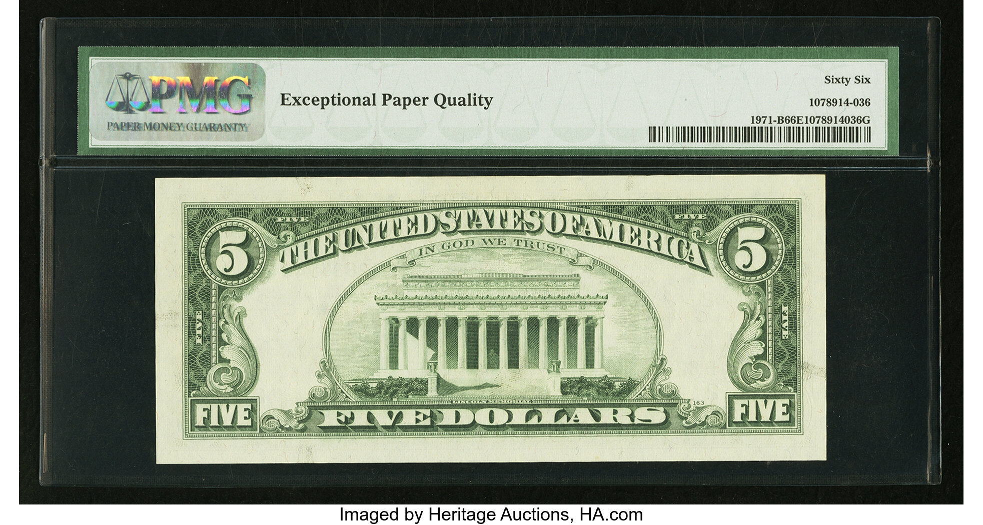 image for: Fr. 1971-B $5 1969B Federal Reserve Note. PMG Gem Uncirculated 66 EPQ....