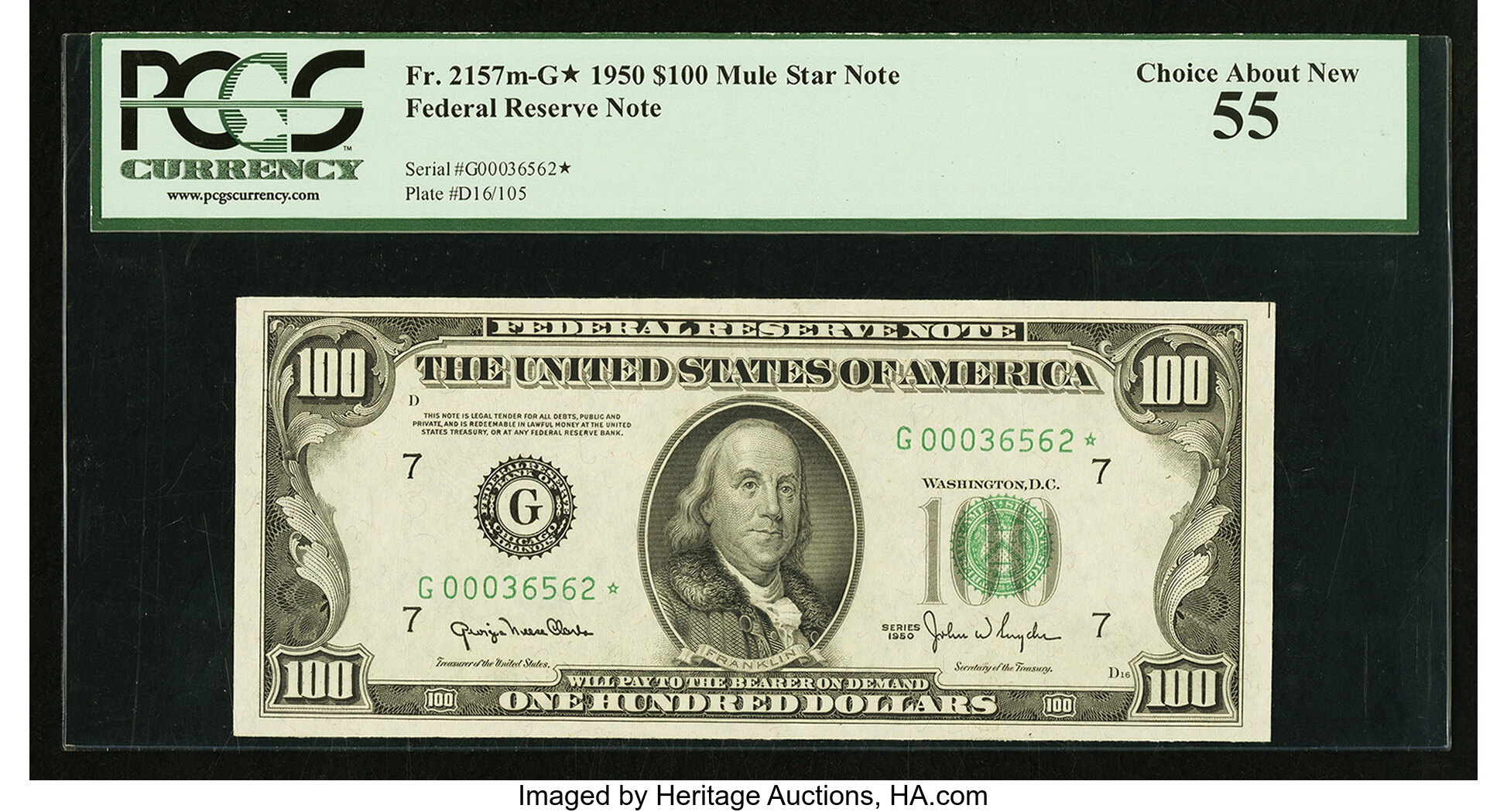 image for: Fr. 2157-G* $100 1950 Mule Federal Reserve Note. PCGS Choice About New 55....