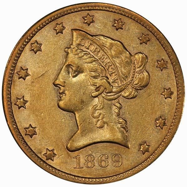 image for: $10 1869-S PCGS AU50 CAC