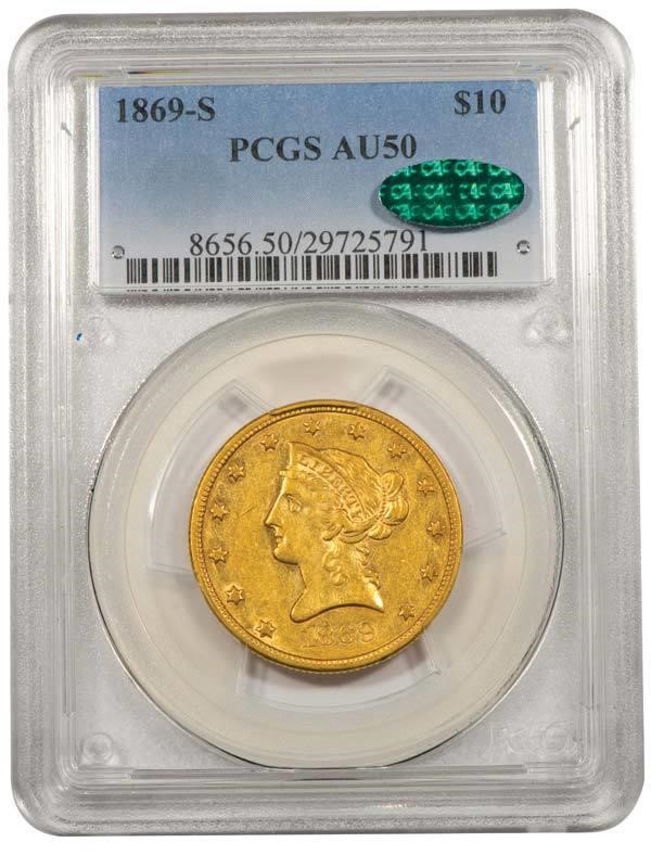 image for: $10 1869-S PCGS AU50 CAC