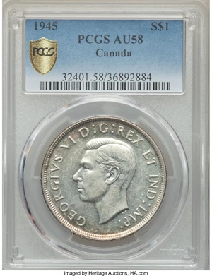 image for: George VI Dollar 1945 AU58 PCGS