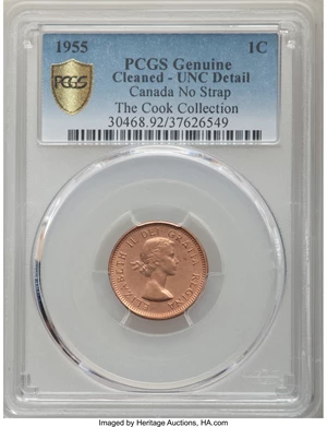 image for: Elizabeth II "No Shoulder Fold" Cent 1955 UNC Details (Cleaned) PCGS