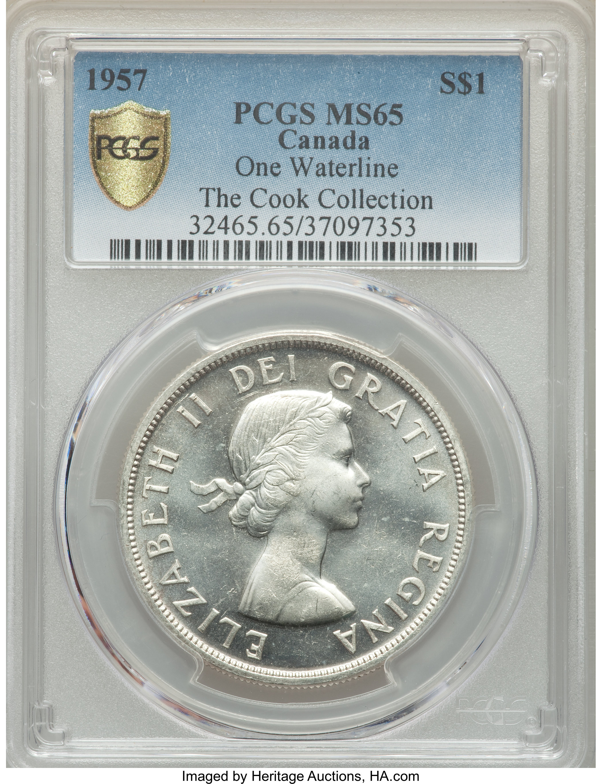 image for: Elizabeth II "One Waterline" Dollar 1957 MS65 PCGS