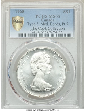 image for: Elizabeth II "Type 5 Medium Beads - Pointed 5" Dollar 1965 MS65 PCGS
