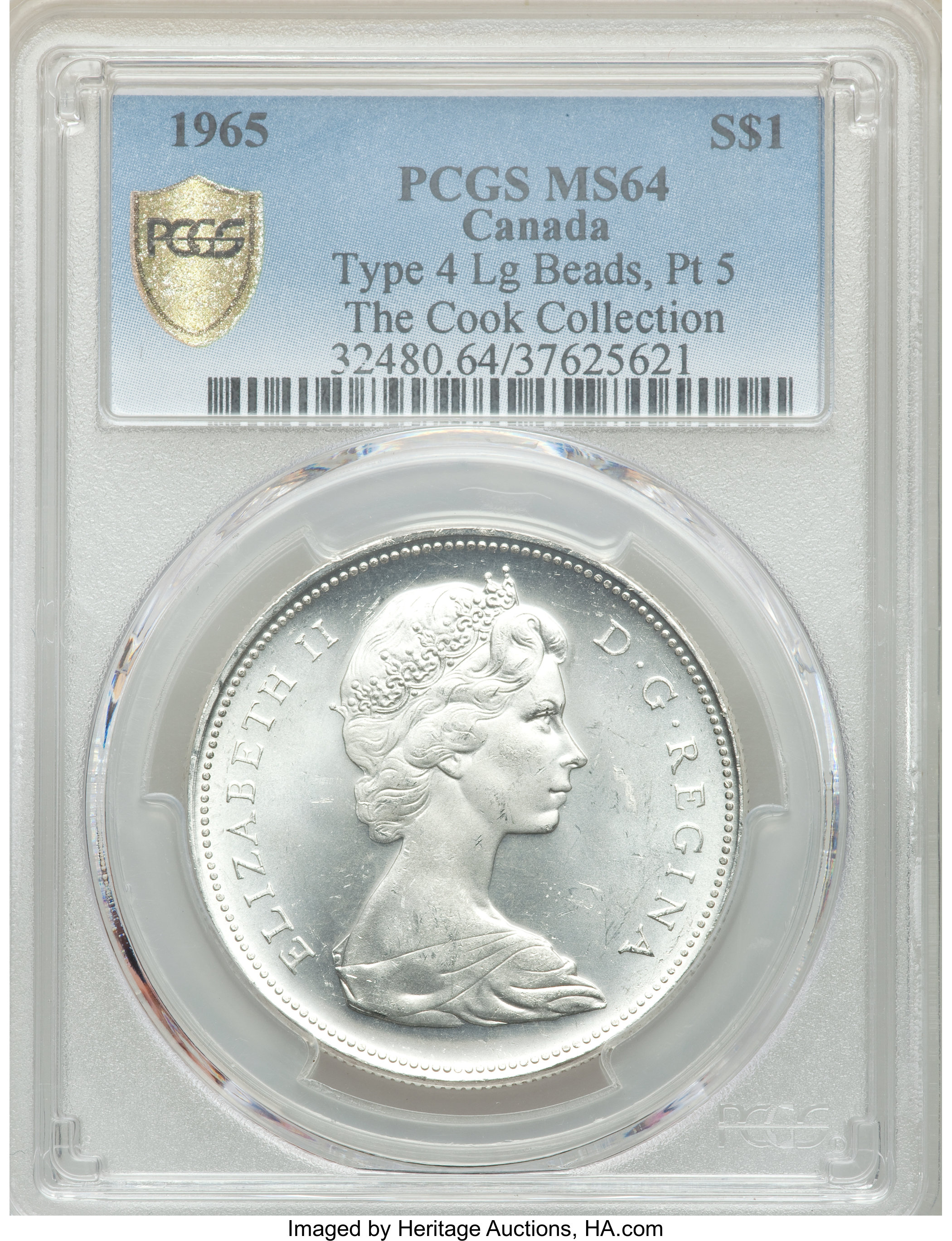 image for: Elizabeth II "Type 4 Large Beads - Pointed 5" Dollar 1965 MS64 PCGS