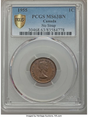 image for: Elizabeth II "No Strap" Cent 1955 MS63 Brown PCGS