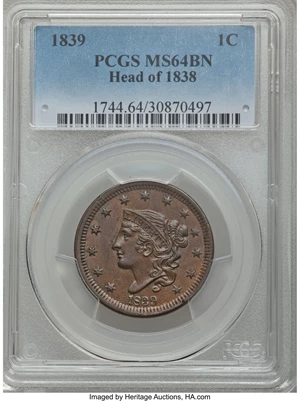 image for: 1839 1C Head of 1838, Beaded Cords, N-2, R.2, MS64 Brown PCGS....