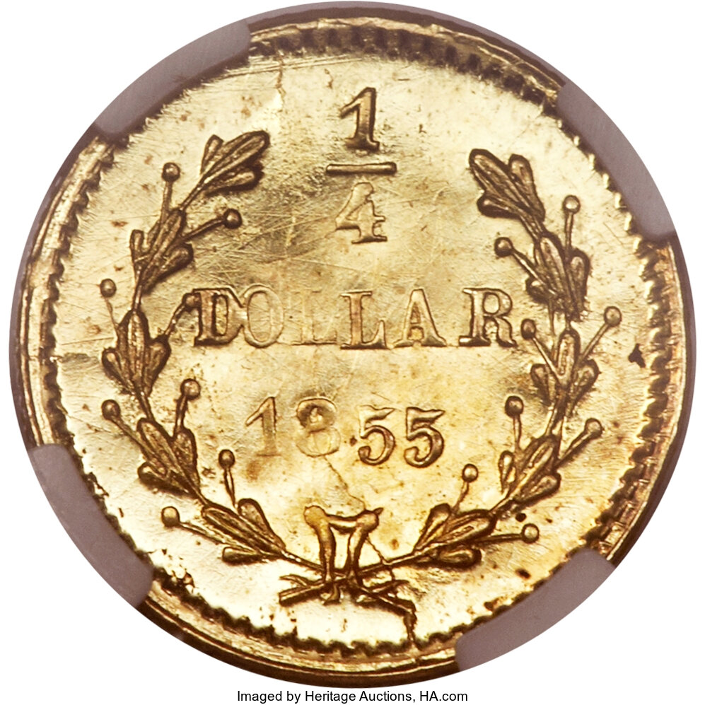 image for: 1855 25C Liberty Round 25 Cents, BG-227, R.6, MS65 Prooflike NGC....
