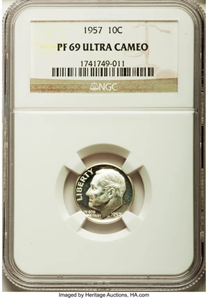 image for: 1957 10C PR69 Ultra Cameo NGC. NGC Census: (20/0). PCGS Population (4/0). Numismedia Wsl. Price for problem free NGC/PCGS ...