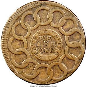 image for: 1787 1C Fugio Copper "Cent," STATES UNITED, Pointed Rays, 1 over Horizontal 1 AU55 NGC. CAC. Newman 10-T, W-6705, R.5. ...
