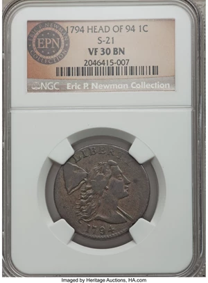 image for: 1794 1C Head of 1794, S-21, B-5, R.3, VF30 NGC. Our EAC Grade Fine 15....