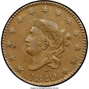 image for: 1820/19 1C N-1, R.1, MS62 Brown NGC. CAC. Our EAC Grade AU55....