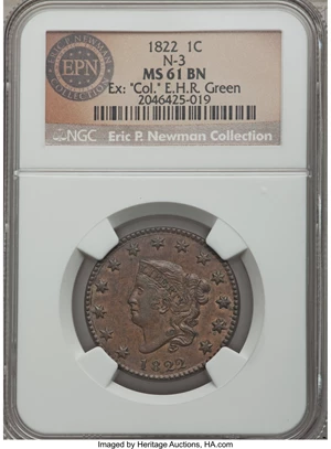 image for: 1822 1C N-3, R.2, MS61 Brown NGC. Our EAC Grade XF45....