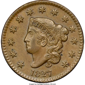 image for: 1827 1C N-5, R.2, MS63 Brown NGC. CAC. Our EAC Grade AU55....