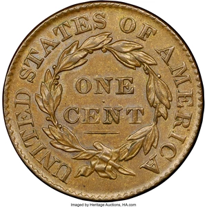 image for: 1827 1C N-5, R.2, MS63 Brown NGC. CAC. Our EAC Grade AU55....