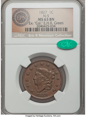 image for: 1827 1C N-5, R.2, MS63 Brown NGC. CAC. Our EAC Grade AU55....