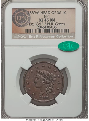 image for: 1839/6 1C Plain Cords, N-1, High R.3, XF45 NGC. CAC. Our EAC Grade VF35....