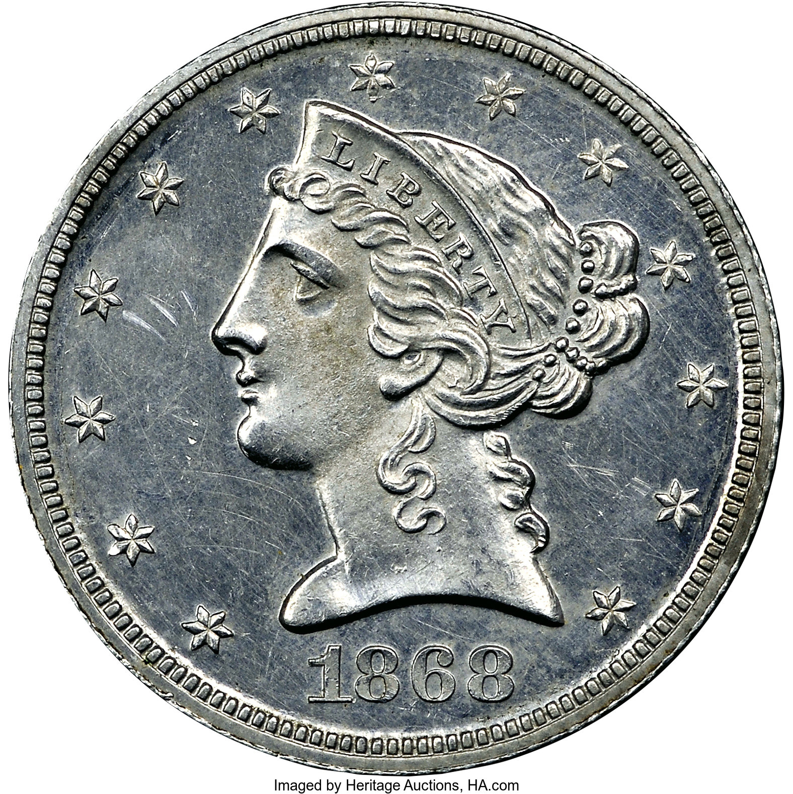 image for: 1868 $5 Five Dollar, Judd-660, Pollock-733, Low R.7, PR63 NGC....