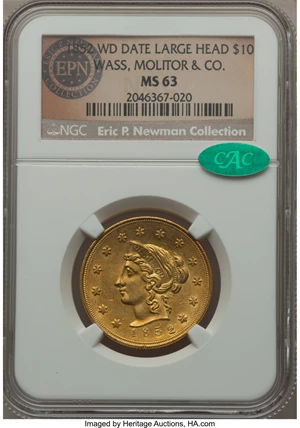 image for: 1852 $10 Wass Molitor Ten Dollar, Large Head, Wide Date MS63 NGC. CAC. K-4, R.5....