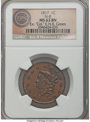 image for: 1817 1C 13 Stars, N-8, R.2, MS63 Brown NGC. Our EAC Grade AU50. Ex: "Col." E.H.R. Green. This lovely chocolate-brown cent s...