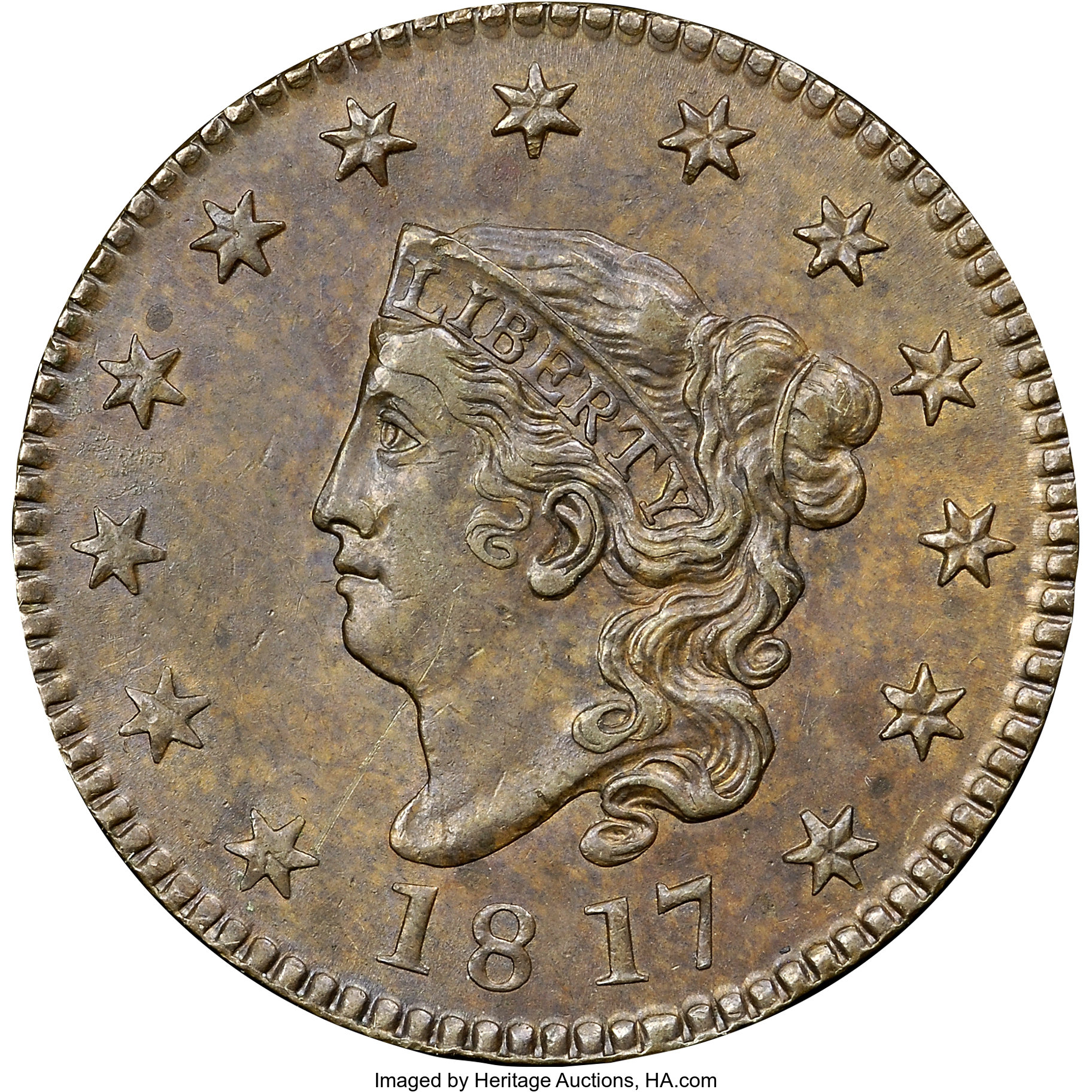 image for: 1817 1C 13 Stars, N-9, R.2, MS62 Brown NGC. Our EAC Grade AU50. Ex: "Col." E.H.R. Green. A wide space between the 81 in the...