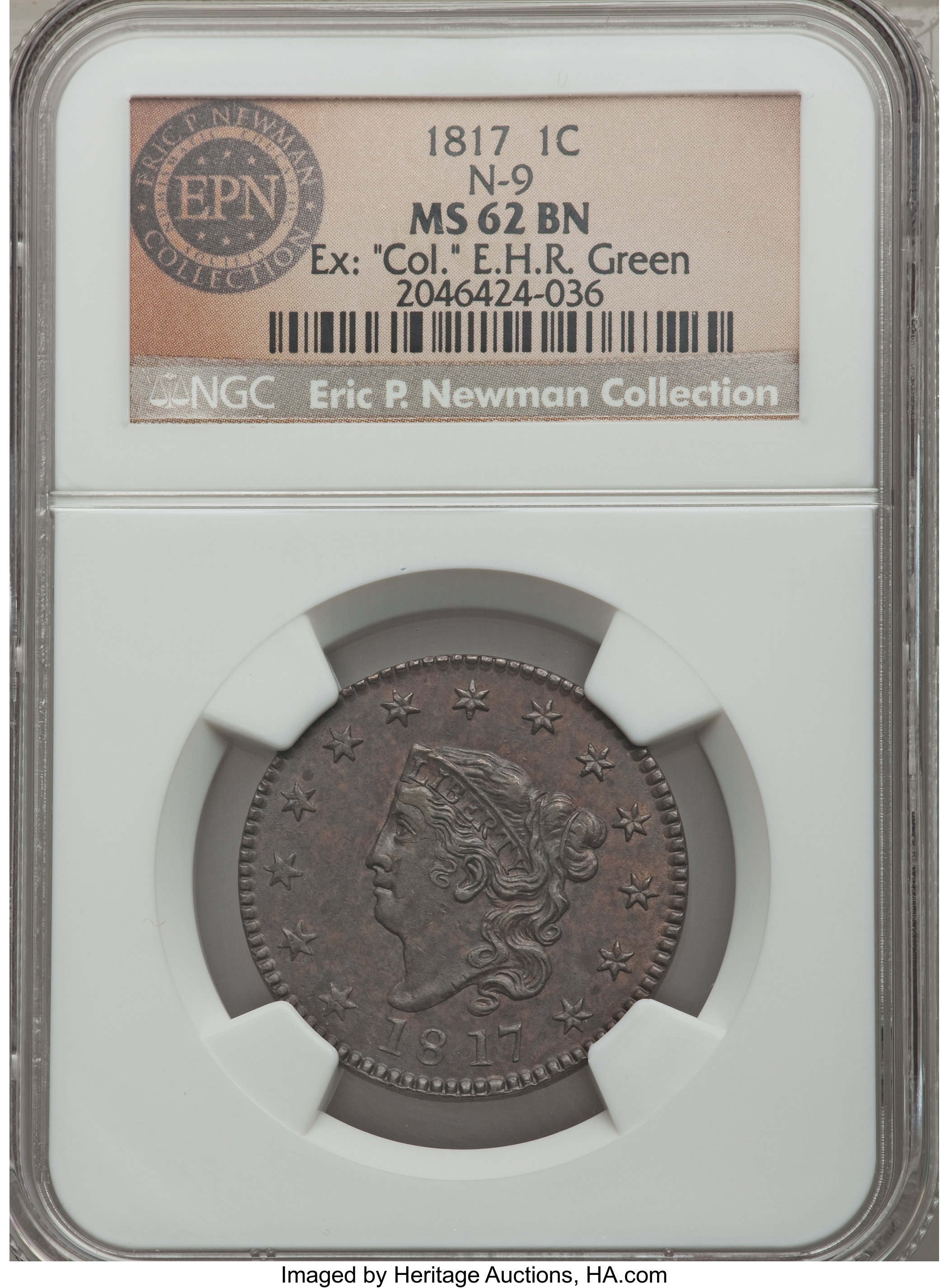 image for: 1817 1C 13 Stars, N-9, R.2, MS62 Brown NGC. Our EAC Grade AU50. Ex: "Col." E.H.R. Green. A wide space between the 81 in the...