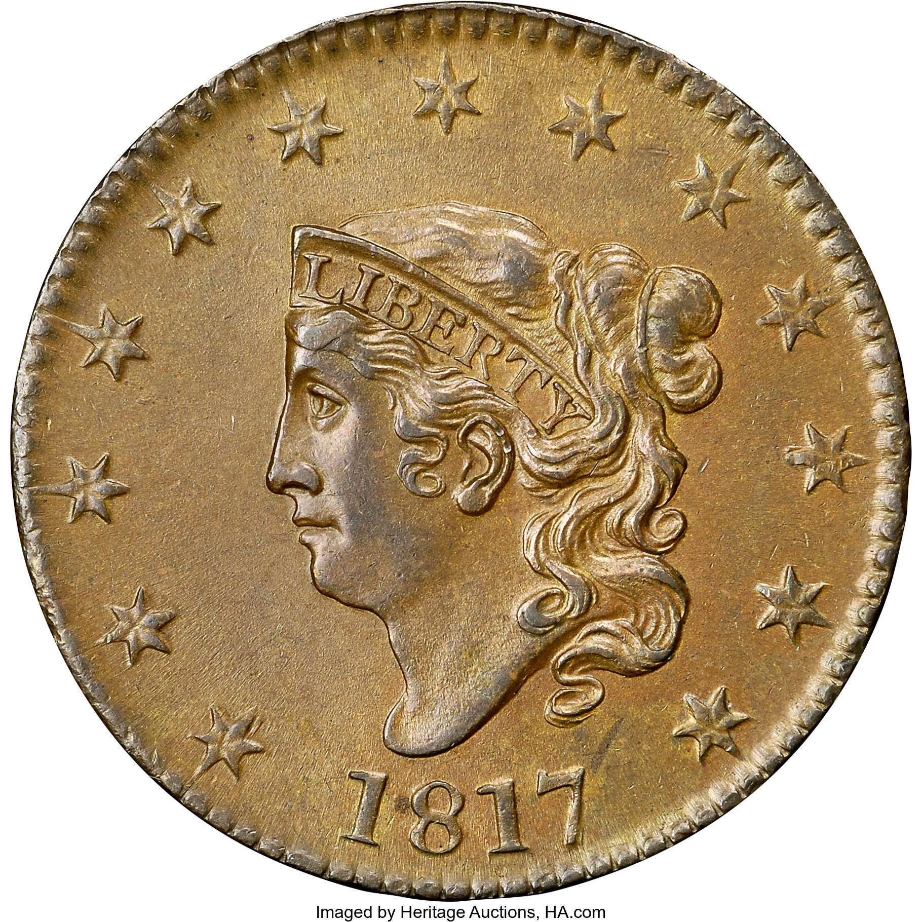 image for: 1817 1C 13 Stars, N-13, R.1, MS62 Brown NGC. Our EAC Grade AU55. A double denticle just before the first 1 in the date iden...