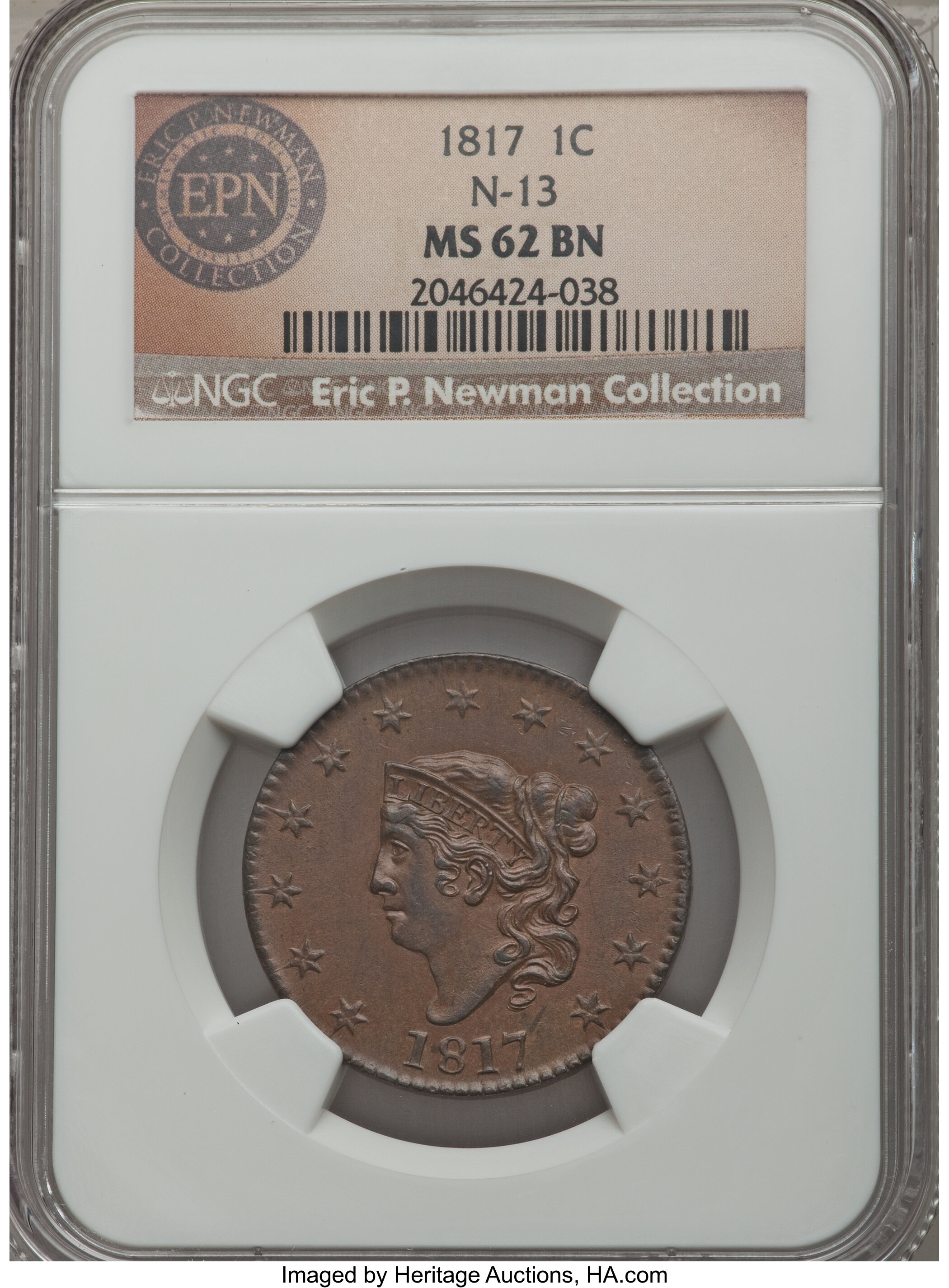 image for: 1817 1C 13 Stars, N-13, R.1, MS62 Brown NGC. Our EAC Grade AU55. A double denticle just before the first 1 in the date iden...