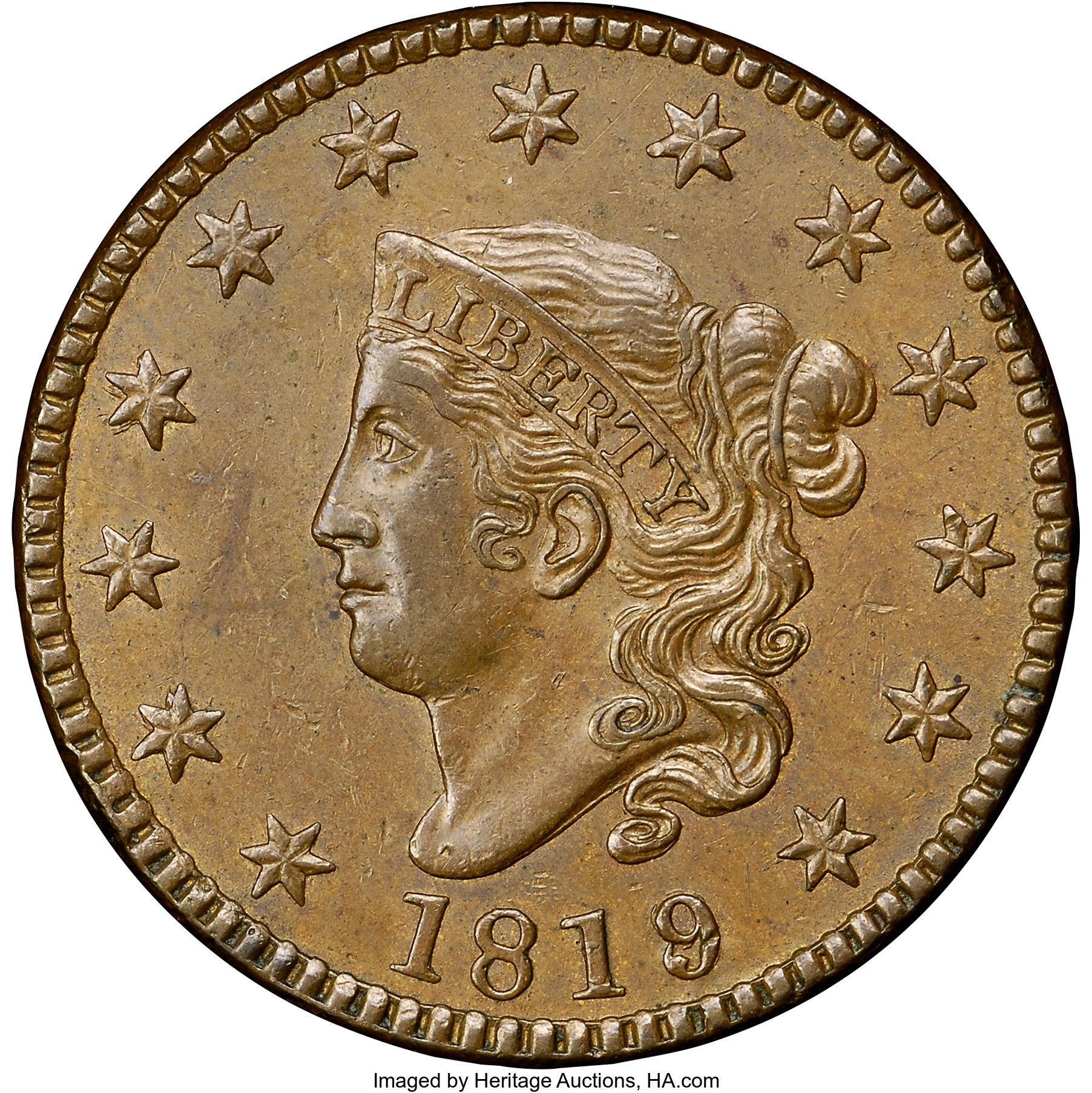 image for: 1819/8 1C Large Date, N-1, R.1, MS64 Brown NGC. CAC. Our EAC Grade AU50. Ex: "Col." E.H.R. Green. Although the overdate is ...