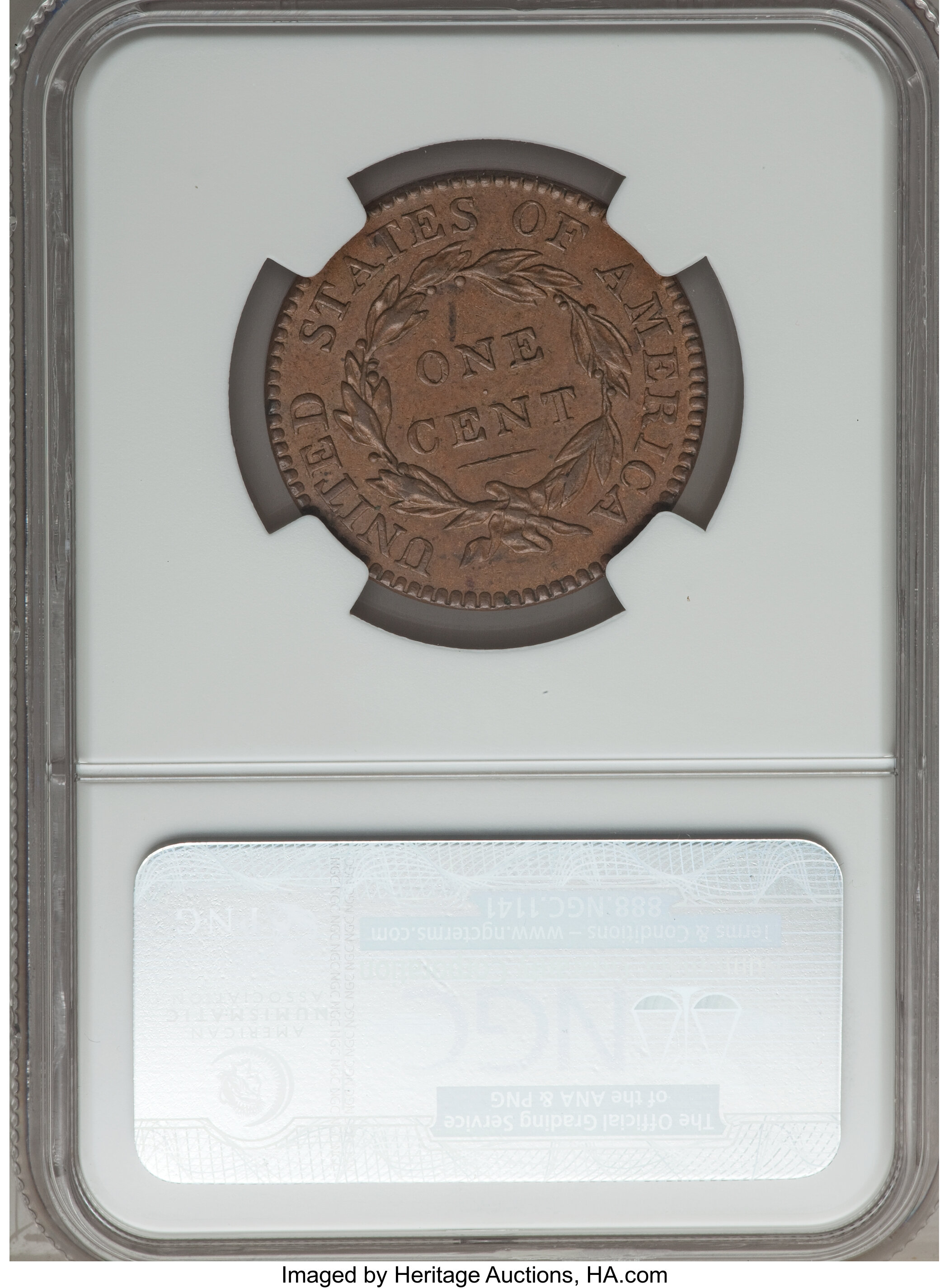 image for: 1819/8 1C Large Date, N-1, R.1, MS64 Brown NGC. CAC. Our EAC Grade AU50. Ex: "Col." E.H.R. Green. Although the overdate is ...