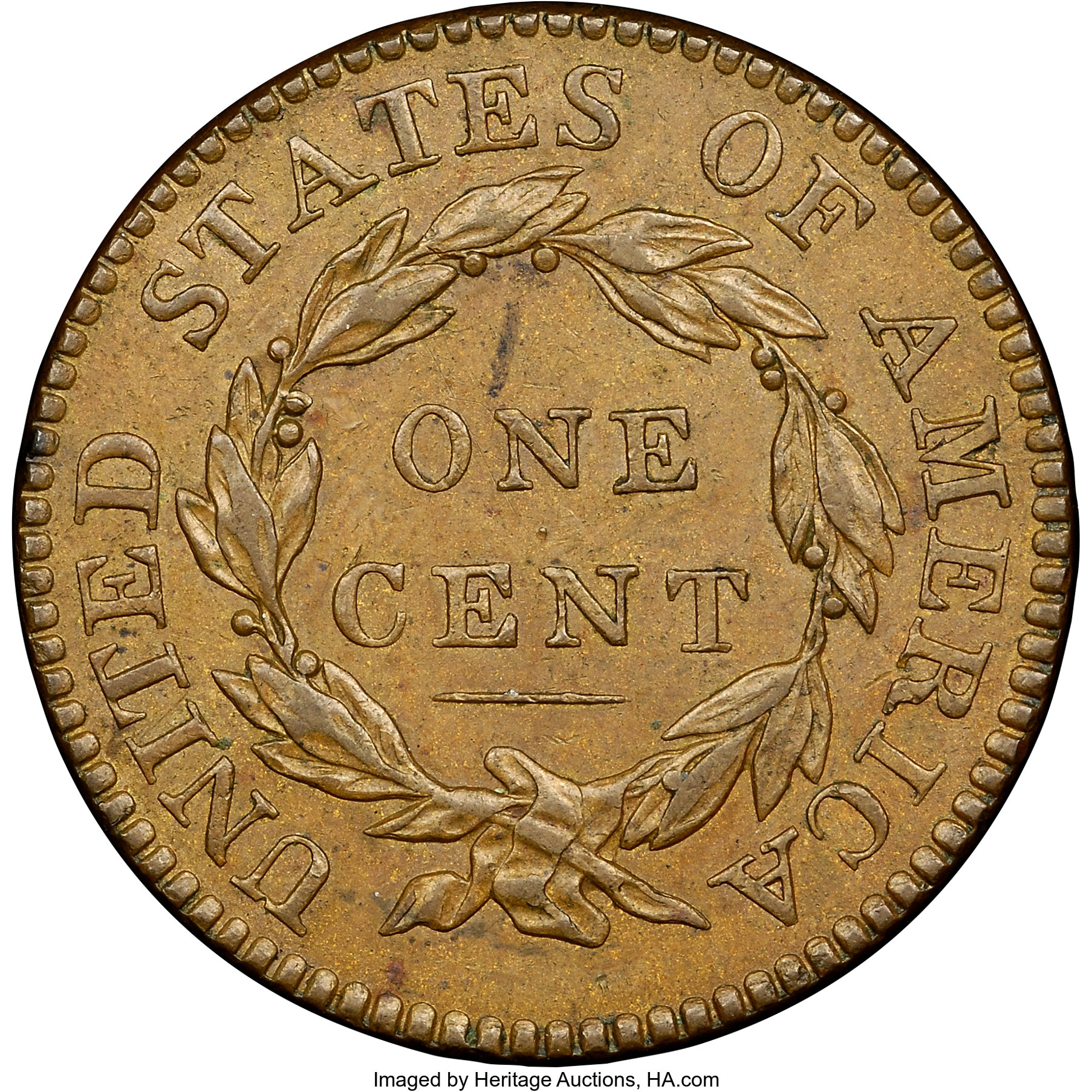image for: 1819/8 1C Large Date, N-1, R.1, MS64 Brown NGC. CAC. Our EAC Grade AU50. Ex: "Col." E.H.R. Green. Although the overdate is ...