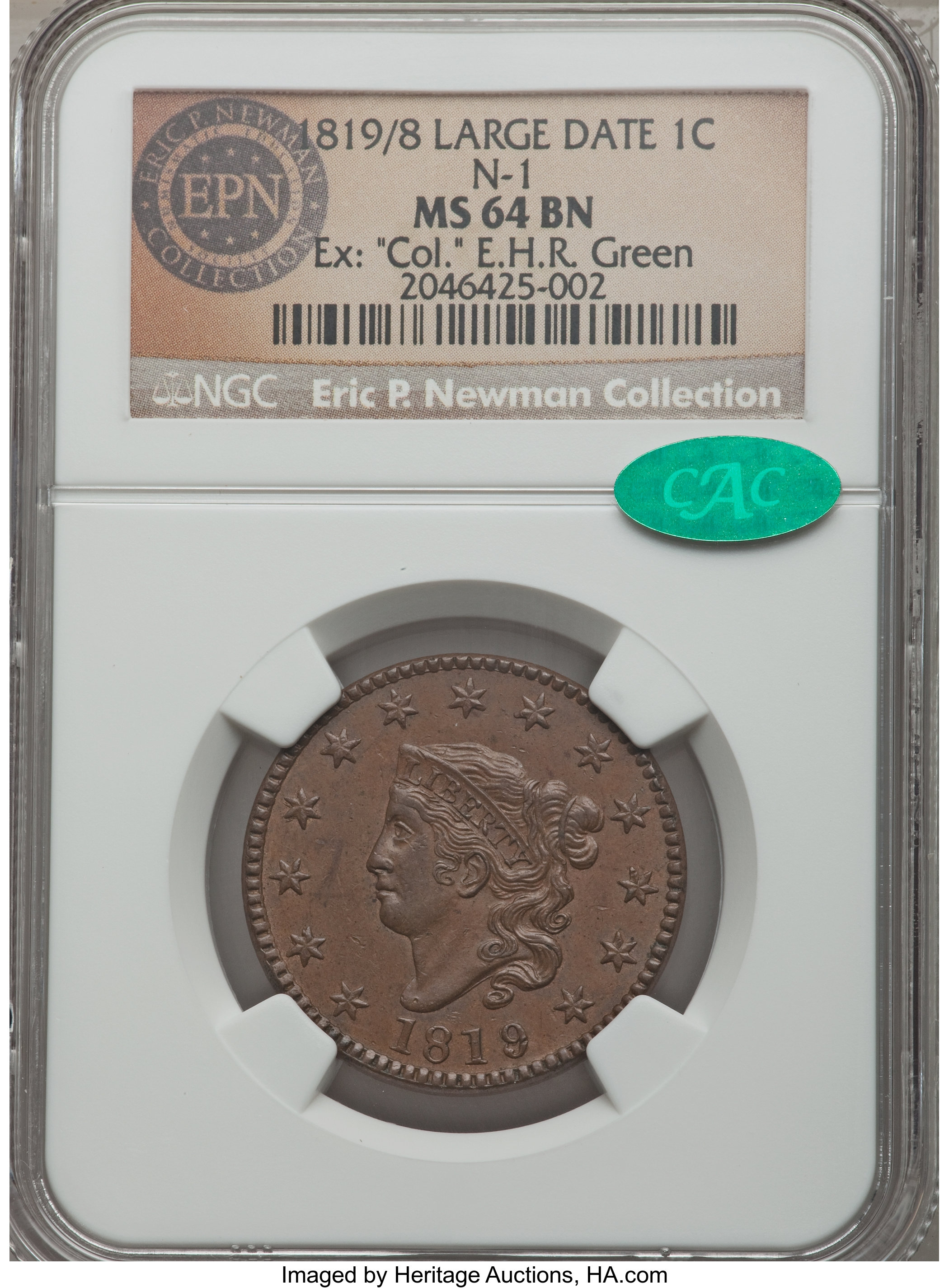 image for: 1819/8 1C Large Date, N-1, R.1, MS64 Brown NGC. CAC. Our EAC Grade AU50. Ex: "Col." E.H.R. Green. Although the overdate is ...