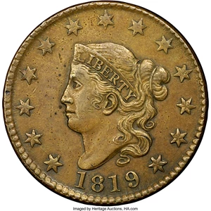 image for: 1819/(8) 1C Large Date, N-2, R.1, AU55 NGC. Our EAC Grade XF40. This variety has a less obvious overdate than N-1, with the...