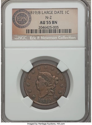 image for: 1819/(8) 1C Large Date, N-2, R.1, AU55 NGC. Our EAC Grade XF40. This variety has a less obvious overdate than N-1, with the...