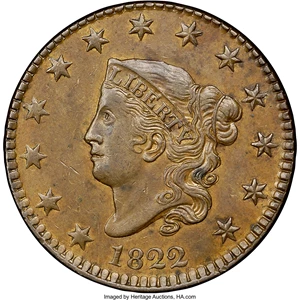 image for: 1822 1C N-1, R.3, AU58 NGC. CAC. Our EAC Grade AU50. Ex: "Col." E.H.R. Green. The close date and low second S in STATES hel...