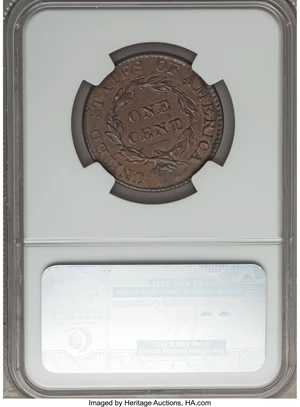 image for: 1822 1C N-1, R.3, AU58 NGC. CAC. Our EAC Grade AU50. Ex: "Col." E.H.R. Green. The close date and low second S in STATES hel...