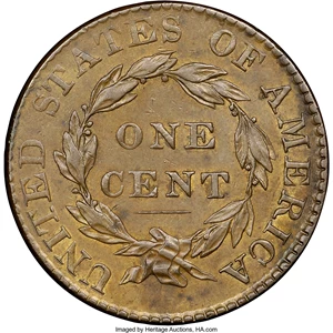 image for: 1822 1C N-1, R.3, AU58 NGC. CAC. Our EAC Grade AU50. Ex: "Col." E.H.R. Green. The close date and low second S in STATES hel...